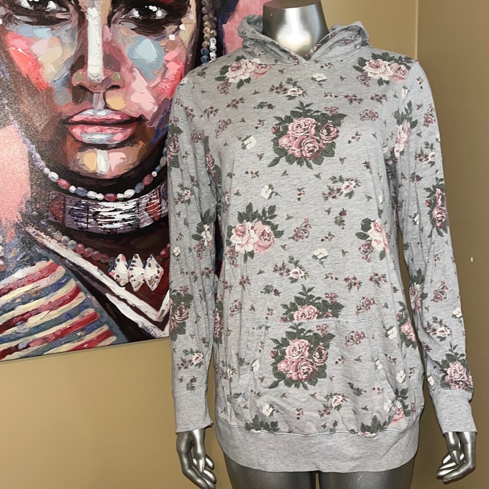 Lucky 66 floral flower shabby chic hoodie sweater medium grey gray mauve pink